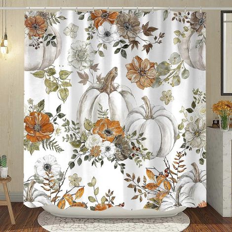 Rideau de douche citrouille d'automne, ensemble de rideaux de douche en tissu turquoise aquarelle citrouille pour la décoration de salle de bain avec crochets 183 x 183 cm (1/5)