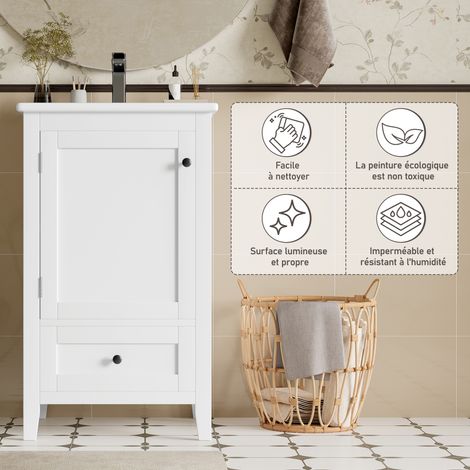 Meuble de salle de bain sur pied 51x46x85cm avec lavabo, meuble vasque, finition laquée, rangement de porte, tiroir silencieux grande capacité, étagère réglable, vasque en céramique, blanc