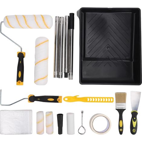 Painting kit with roller, 19 pieces, stainless steel extension, 23 cm and 10 cm brushes, for interior painting and DIY projects. (19 pieces per set) (1/5)