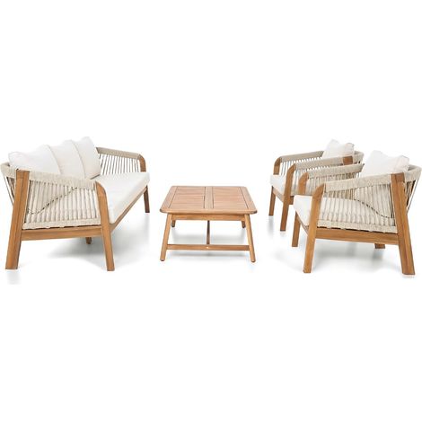 Salon de jardin 5 places en bois FSC - Canapé 3 pl. , 2 fauteuils et table basse - beige - Symi