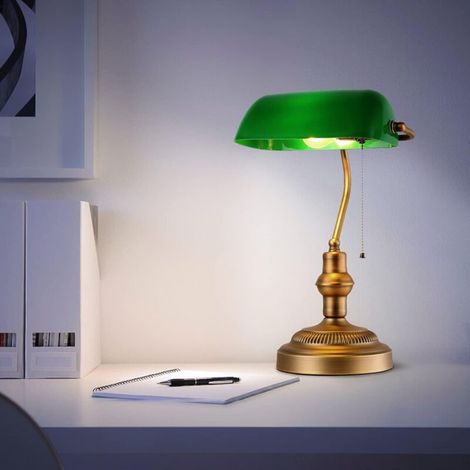 Retro-Tisch- und Schreibtischlampe im Vintage-Banker-Stil mit grünem Glas- und Messingschirm für E27-LED-Lampe, Wohnzimmer, American Banker Kopfteil [Energieklasse A] NPTERBL