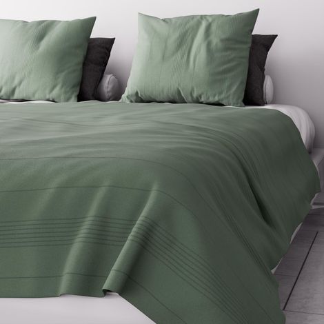 Soleil D Ocre – Jeté de lit 220x240 cm – Coton recyclé vert – Fines rayures ton sur ton – Entretien facile lavage à froid