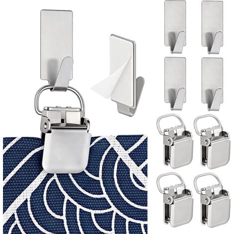 Lot de 4 Crochet Adhesif Mural Accroche Torchon Cuisine, Porte Serviette sans Percage Pince Murale en Acier Inoxydable avec Anneaux de Rideaux et Pinces pour Cuisine Salle de Bain (1/5)