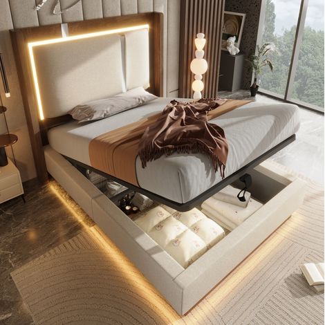Lit coffre 90x200 LED hydraulique beige lin et bois HAVRYA (1/5)