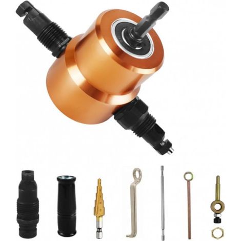 7 Pièces Grignoteuse Tole Electrique Metal Kit, Double Tête Coupe Tole pour Perceuse, Réglable à 360 Degrés Coupe Plaque de Perceuse Electrique (1/5)