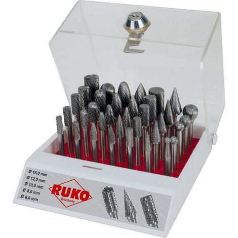 Coffret de 35 fraises en carbure RUKO, queue de 6 mm, présenté dans un coffret plastique.