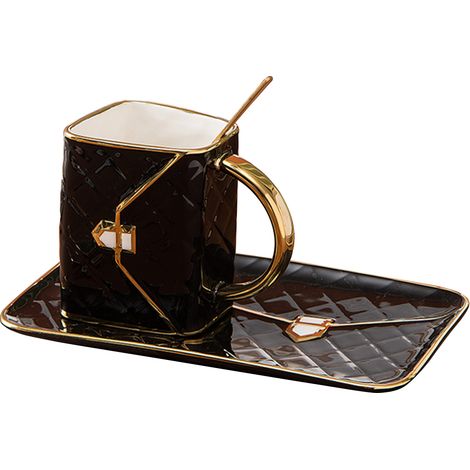Ensemble tasse et assiette à café noir 310 ml avec bordure dorée (1/5)