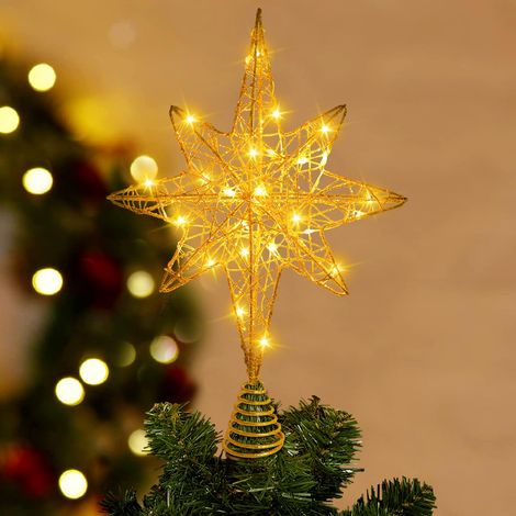 Cimier de sapin de Noël lumineux - 34,8 cm - Doré pailleté - Étoile creuse - Avec lumières LED - Décoration d'intérieur pour sapin de Noël (1/5)