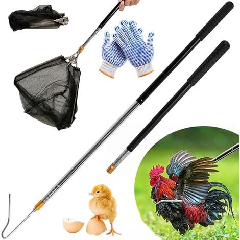 Filet de poulet télescopique pour attrape-poulet - 58,5 pouces - Outil Télescopique de Contrôle des Animaux pour Volaille poignée en caoutchouc antidérapante,1 gants (1/5)