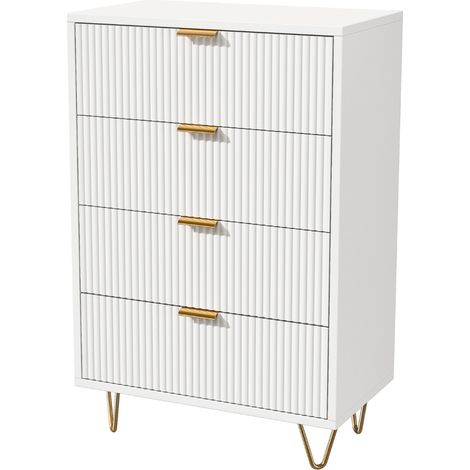 MEXUS – Commode blanche 4 tiroirs en MDF – Dimensions 34P x 60L x 91H cm – Motif ondulé avec poignées dorées – Rangement optimal (1/5)
