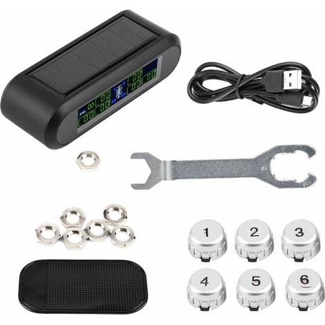 for Tire Pressure Monitoring System (TPMS) 6 Wireless External Sensors Solar-Powered Tyre Pressure Monitoring System LCD Monitor Alarm for Six Wheels Car, Small Truck (1/5)