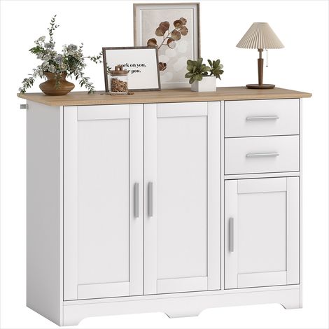 Buffet de salon 100x40x78 cm bicolore blanc et bois naturel, 2 tiroirs et 2 portes, style contemporain (1/5)