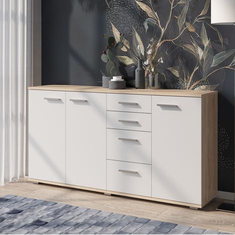 Buffet FAUSKE - 4 Tiroirs - 3 Portes - Chêne Sonoma - Blanc - Largeur 138 cm, Hauteur 74 cm, Profondeur 34 cm (1/3)