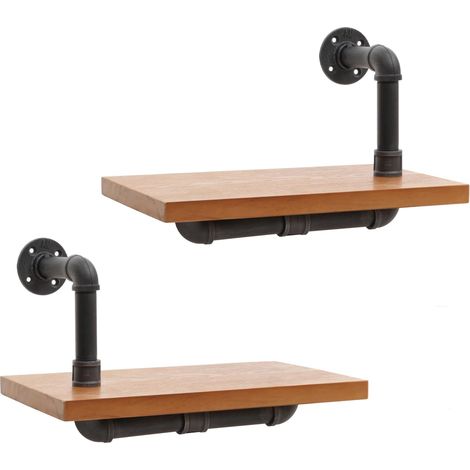Set 2 mensole da parete HHG-077, scaffale sospeso libreria, industriale struttura 3D acciaio legno 29x45x25cm, naturale