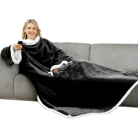 Kuscheldecke mit Ärmeln, Sherpa Decke mit Tasche, warm & weich, 140x180cm, Schwarz (1/5)