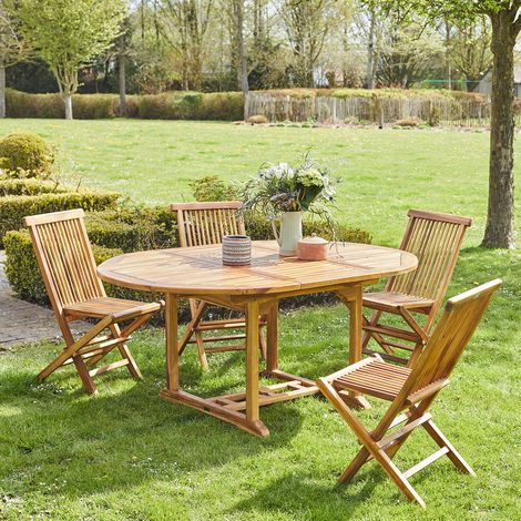 Berah Getah – Salon de jardin extensible 4/8 places en teck huilé massif – Table ovale avec rallonge papillon – Trou pour parasol – Chaises pliantes