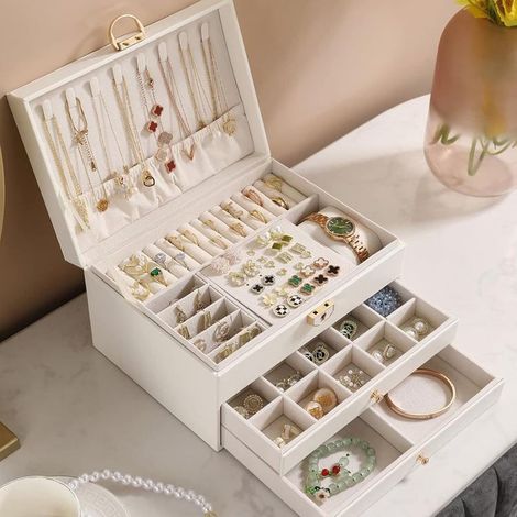 Linghhang – Boîte à bijoux 3 niveaux en cuir synthétique – Compartiments velours – Dimensions 23x17x13,5 cm – Verrouillage métal pour sécurité (1/5)