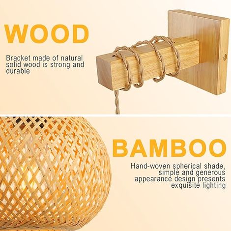 Hanfseil Sconce Rattan und Massivholz E27 für Innenraumbeleuchtung Schlafzimmer (ohne Glühbirne), 20 20 23 (1/3)