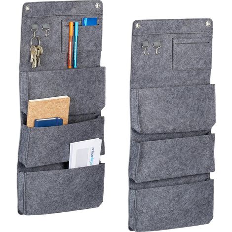 Mensola portaoggetti a parete, set da 2, 4 scomparti, in feltro, con due ganci, H x L: 65 x 30 cm, grigia