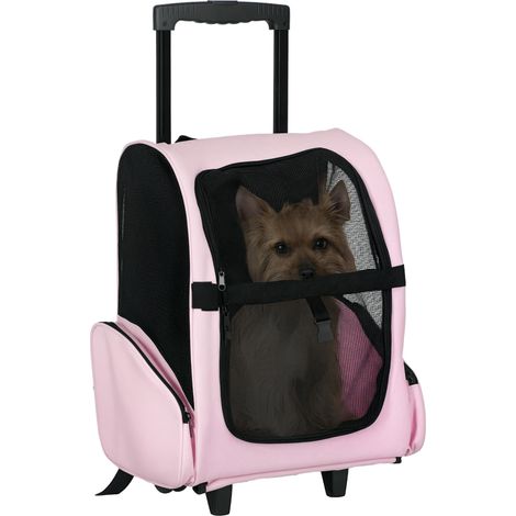 Sac à dos de transport 2 en 1 pour chiens et chats avec poches latérales, poignée télescopique et roulettes, 42 x 25 x 55 cm, rose