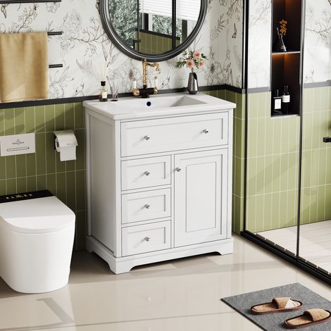 DESMIU Meuble sous vasque avec vasque en céramique avec 1 porte et 4 tiroirs, pour salle de bain, blanc, 76 × 46 × 87 cm (1/5)