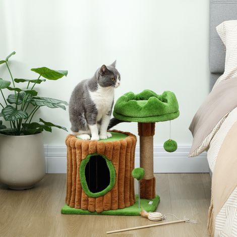 PawHut Katzenkratzbaum, 53 cm Stammdesign mit Häuschen, Bett, Jute-Pfosten und Kugeln, braun und grün