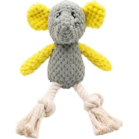 GrisJouet à mâcher en peluche en forme de souris qui couine, jouet interactif à tirer en corde de coton pour petits chiens, idéal pour soulager l'anxiété liée à la poussée dentaire des chiots. (1/5)