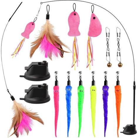 Jouet pour chat - Ensemble de 13 pièces - Canne à pêche avec plumes - Avec ventouse - Pour chats d'intérieur - Accessoires pour animaux de compagnie (1/5)