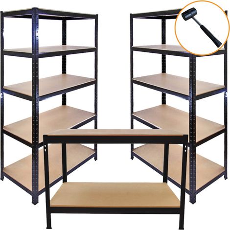 3 Estanterías Metálicas Negras T-Rax Sin Tornillos 90x45x180cm 5 Niveles Capacidad Peso 280kg por Estante + Banco de Trabajo Negro 120x90x60cm Almacenamiento Herramientas Taller Garaje Almacén