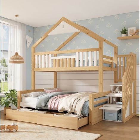 MODFU – Litera infantil 90x200 y 140x200 cm de madera con techo a dos aguas, escalera de almacenamiento, EN 747 y carga 120/150 kg – Blanco/roble (1/5)