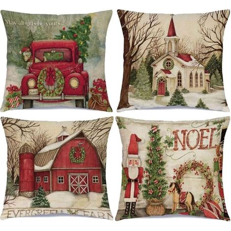Taies d'oreiller Noël 45 x 45 cm lot de 4, Décorations de Noël - Housses de coussin Noël en lin, Taies d'oreiller personnalisées décoration Noël (1/5)