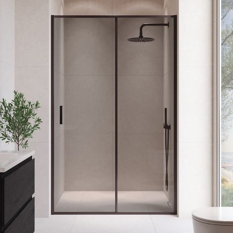 Badplaats – Paroi de douche 140 x 190 cm en verre de sécurité teinté – Porte coulissante – Profilés et bandes noires inclus – Montage facile (1/3)