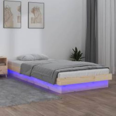 Cadre de lit LED 100 x 200 cm en pin massif avec télécommande, lattes et USB - PANGIVO (1/5)