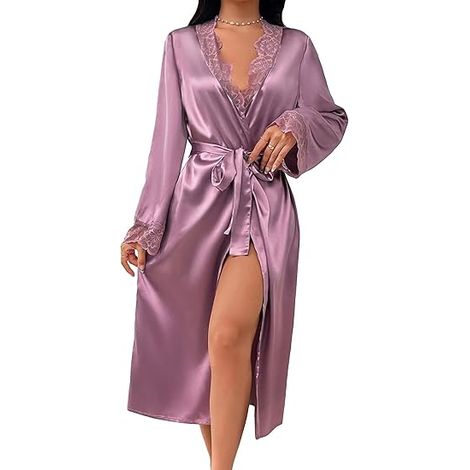 Peignoir Femme Satin Manches Longues Ceinture Dentelle Kimono Soie Robe de Mariée Demoiselle Honneur Peignoir de Bain (1/5)