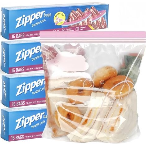 60 Pièces Sacs de Congélation pour Aliments, Grand Sacs à Éclair à Double Fermeture Réutilisables Sacs Alimentaires Large pour Sandwich Fruits Légumes Viande Soupes Snacks (27CM x 27CM) (1/5)