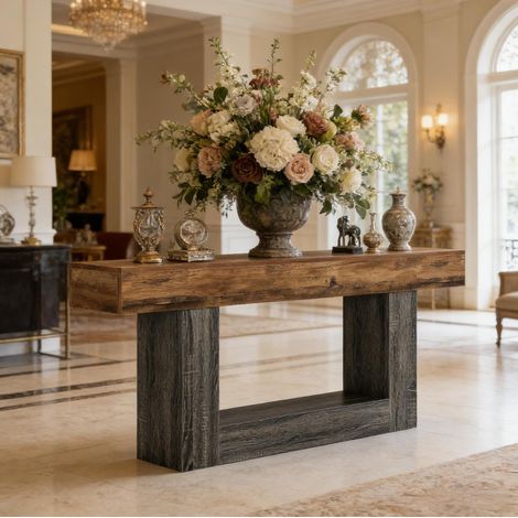 Tavolo consolle in MDF grigio e marrone rustico 160 cm, rettangolare con ripiano inferiore (1/5)