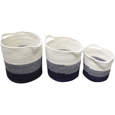 Set 3 paniers de rangement rond en corde tressée blanc bleu - COTON (1/3)