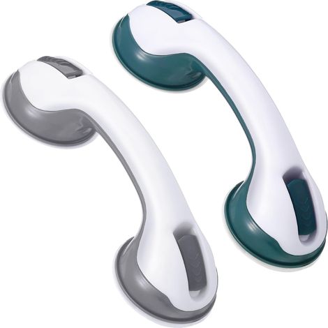 Set di 2 maniglie a ventosa, sicure grazie alla forte aspirazione. Possono essere utilizzate come maniglie di sicurezza per vasche da bagno (per anziani) (verde e grigio).