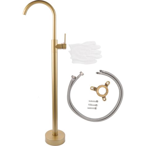 Robinet de baignoire autoportant de style européen en laiton et acier inoxydable sans trou, robinet sur pied pour lavabo de type colonne, or brossé (1/5)