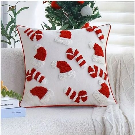 Housse de Coussin - Noël - 1pcs - Broderie Père Noël - 45x45cm - Rouge et Blanc (1/5)