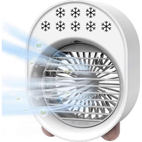 Mini climatiseur portable, humidificateur et purificateur d'air avec 3 vitesses réglables, lumière LED et refroidissement par évaporation pour la maison/le bureau/la chambre d'étudiant (blanc) (1/3)