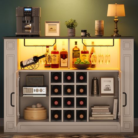 Meuble bar à vin avec éclairage LED, meuble de cuisine avec porte-verres à vin et casiers à bouteilles amovibles, meuble à boissons moderne pour cuisine, salon et salle à manger, 120 × 35 × 84 cm (1/5)