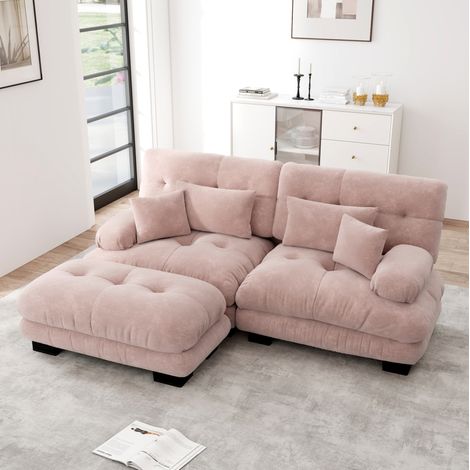 divano modulare angolare chenille rosa con ottomano HAVRYA (1/5)