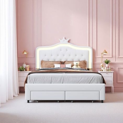 Bett Kinder 140x200 cm - Prinzessinnen-Stil - 2 Schubladen - RGB-Beleuchtung - Kopfteile Krone