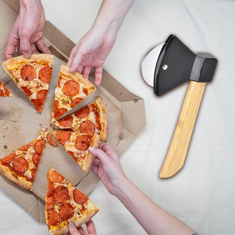 Couteau à pizza avec manche en bambou, roulette rotative et râpe intégrée, lame en acier inoxydable (1/4)
