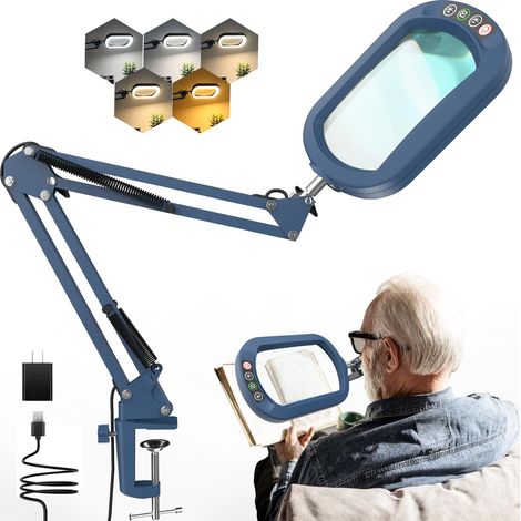 Lot de 10 loupes avec lumière et pince, éclairage sur pied en verre véritable, 5 modes de couleur et intensité variable en continu, lampe de bureau LED, mains libres, pour artisanat, loisirs, lecture (1/5)