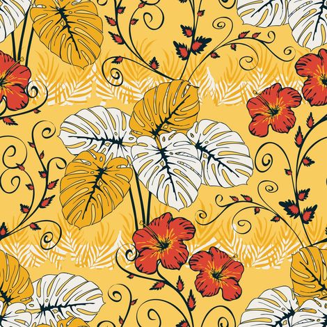 Tela decorativa para exteriores tipo oxford - motivo de flores rojas y hojas blanco-anaranjadas I DR224 (1/5)