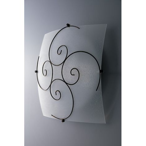 "Plafoniera RICCIOLO in vetro bianco con decoro in metallo ruggine 30x30 cm." (1/3)