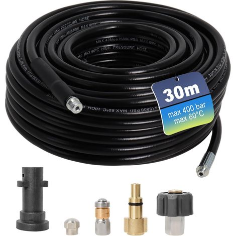 Tuyau Nettoyeur Haute Pression 30m 400 bar, Compatible avec Furet Karcher K2 K3 K4 K5 K6 K7, Parkside, Lavor, Bosch, Avec 2 Buses et 3 Adaptateurs,Déboucheur Canalisation.