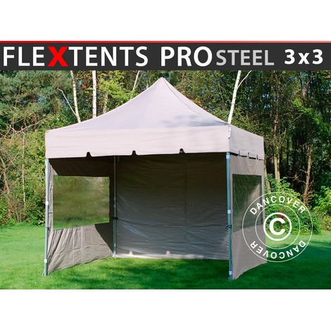 Pop up gazebo FleXtents PRO Steel "Peaked" 3x3 m Latte, incl. 4 sidewalls
